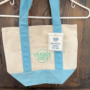 Trader Joe's Mini Pastel Canvas Tote Bag in Light Blue and Cream